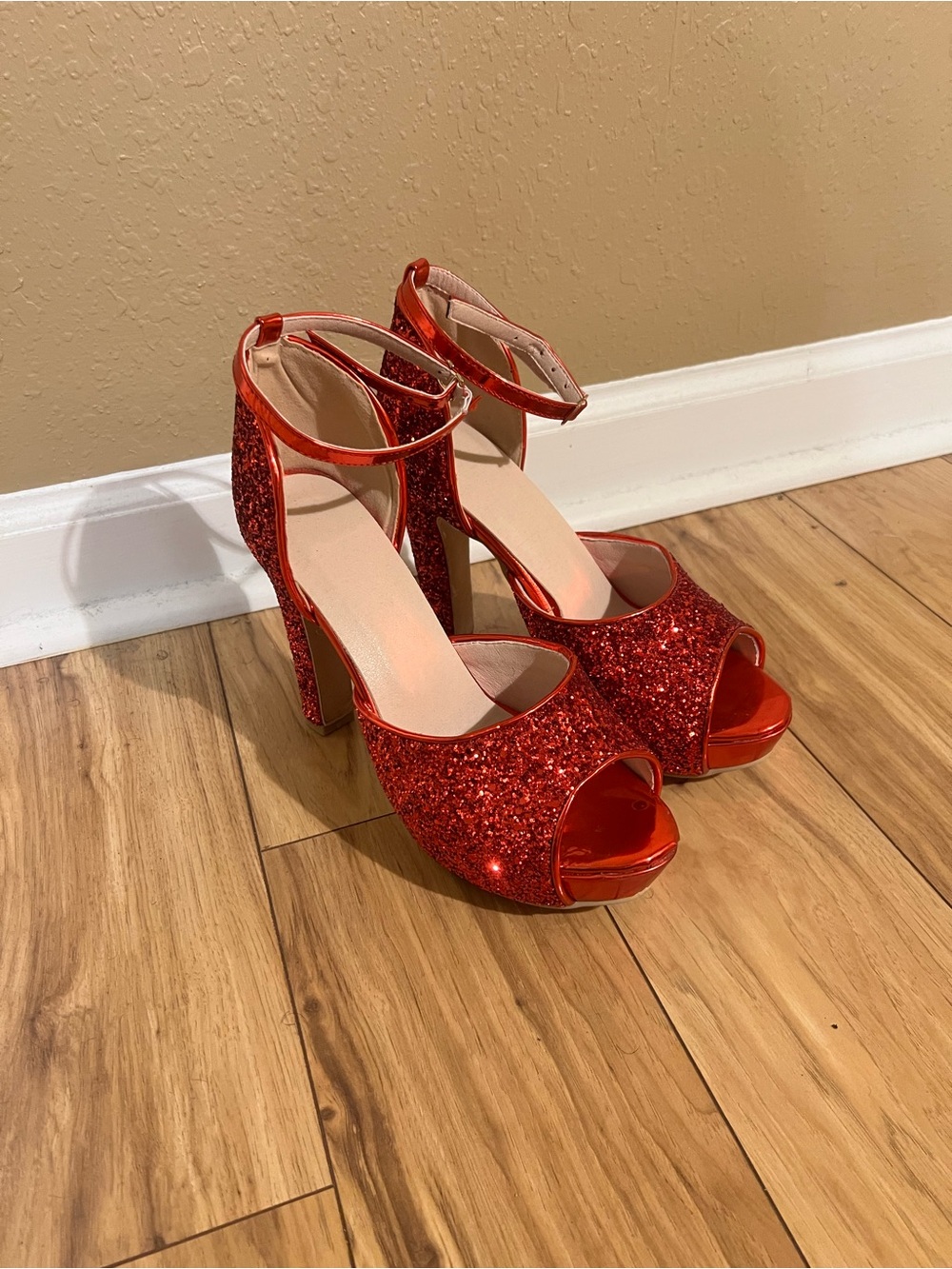 SHEIN Red Glitter Peep-Toe Platform Ankle Strap Heels